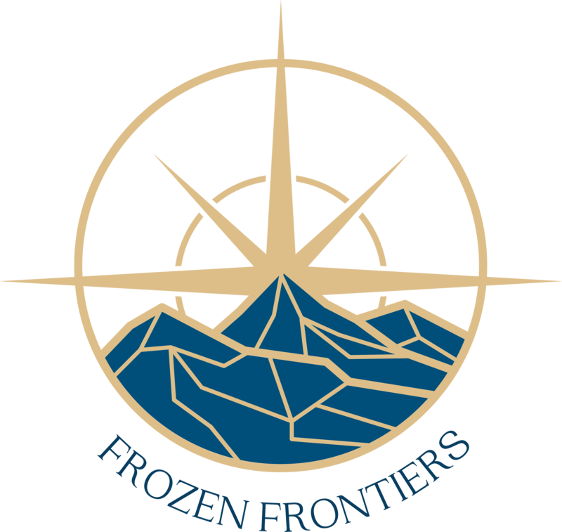 Frozen Frontiers logo: a gold compass rose over blue mountains